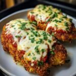 Three pieces of golden Air Fryer Chicken Parmesan topped with melted cheese, tomato sauce, and parsley on a white plate.