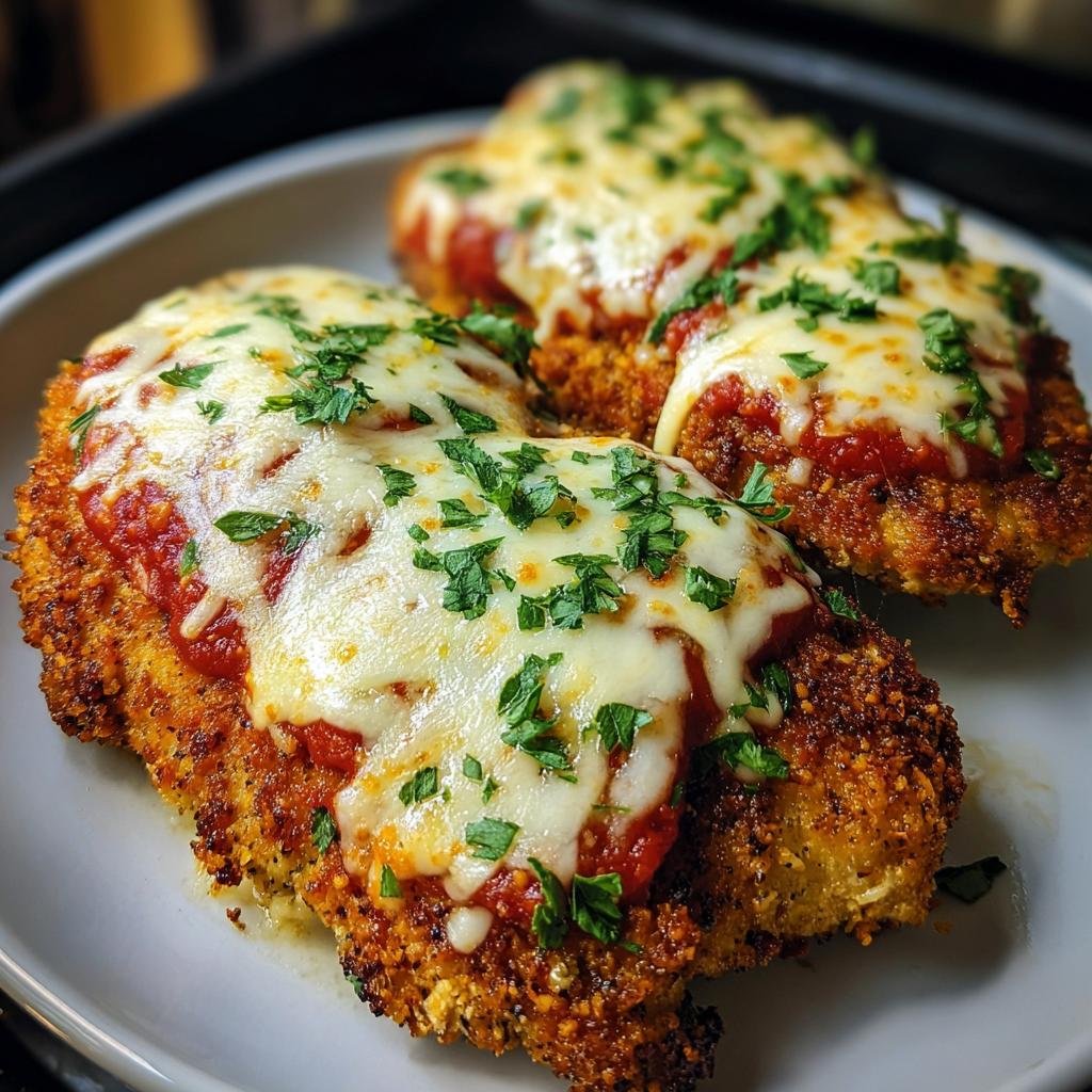 Three pieces of golden Air Fryer Chicken Parmesan topped with melted cheese, tomato sauce, and parsley on a white plate.