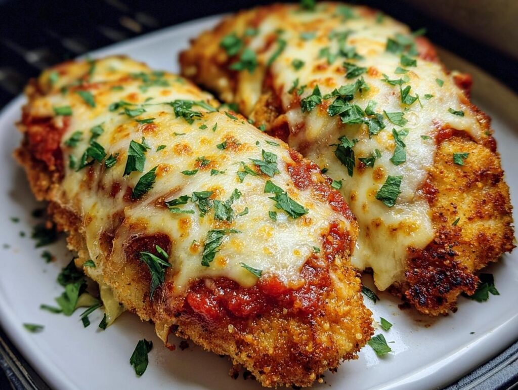 Two pieces of golden Air Fryer Chicken Parmesan topped with melted cheese, marinara sauce, and fresh parsley.
