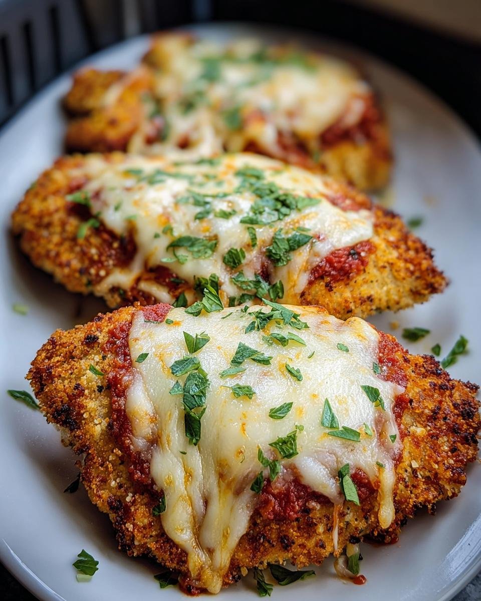 Three pieces of golden Air Fryer Chicken Parmesan topped with melted cheese and parsley on a white plate.