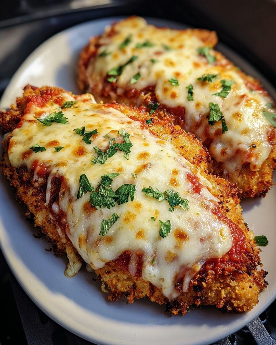 Two pieces of golden Air Fryer Chicken Parmesan topped with melted cheese and parsley on a plate.
