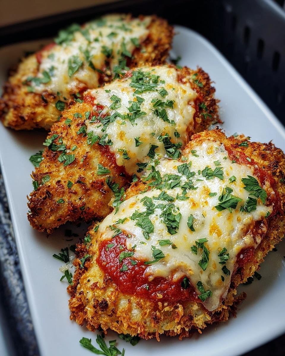 Three pieces of golden Air Fryer Chicken Parmesan topped with melted cheese, tomato sauce, and parsley on a white plate.