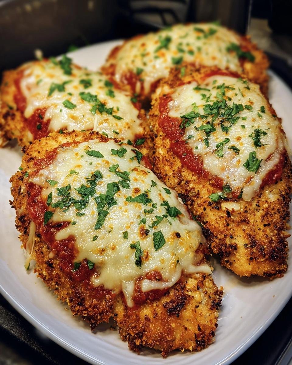 Four pieces of Air Fryer Chicken Parmesan on a white plate, topped with melted cheese, tomato sauce and parsley.
