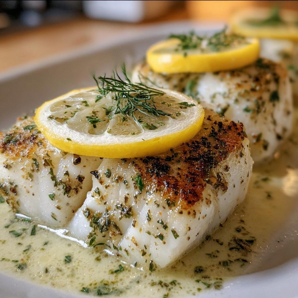 Close-up of Baked Cod with Lemon slices and herb garnish, served on a white plate with sauce.