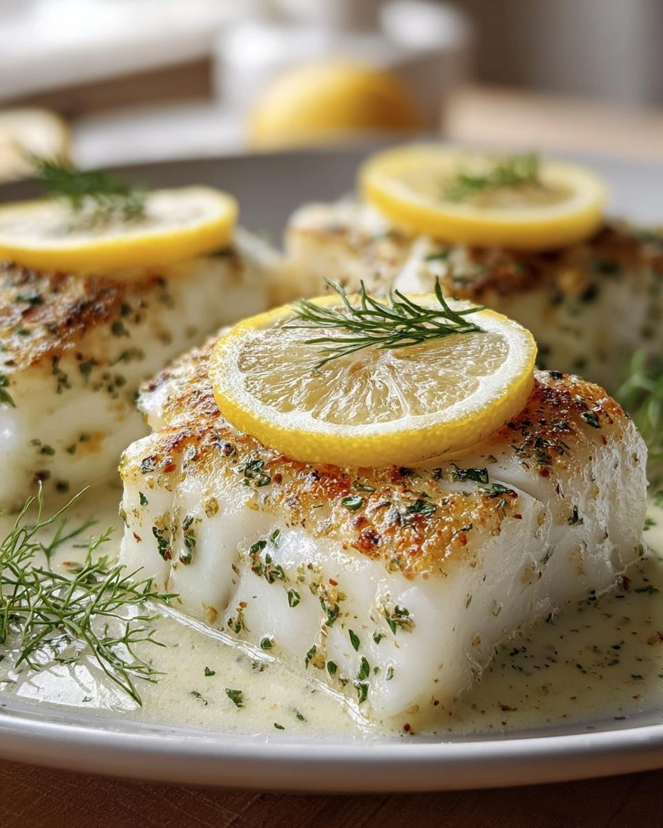 Close-up of Baked Cod with Lemon, garnished with dill and a creamy sauce.