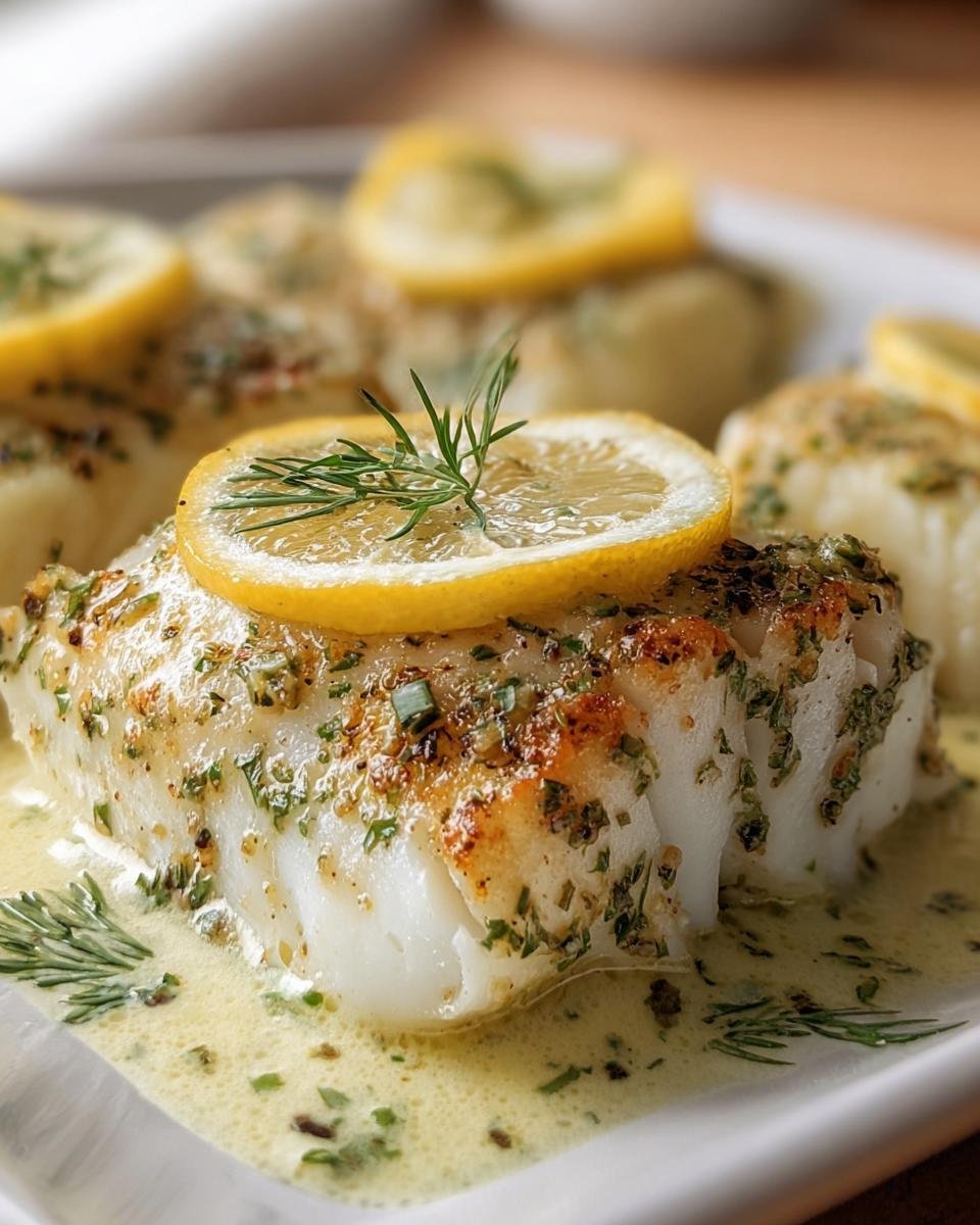 Close-up of Baked Cod with Lemon, garnished with fresh herbs and a lemon slice on a white plate.