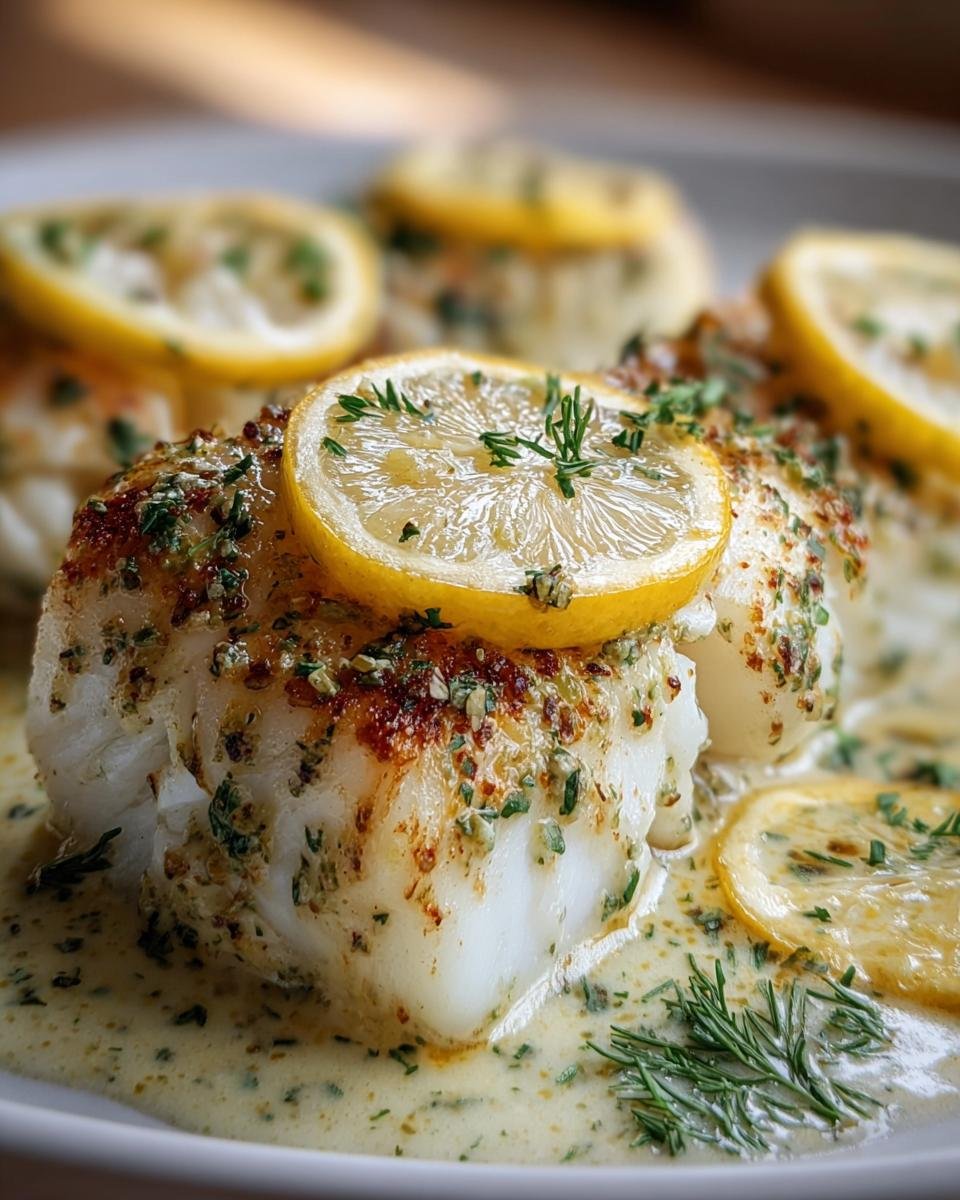 Close-up of Baked Cod with Lemon, garnished with fresh herbs and lemon slices in a creamy sauce.
