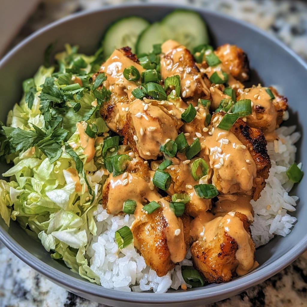 A vibrant Bang Bang Chicken Bowl with rice, lettuce, cucumber, and creamy sauce.