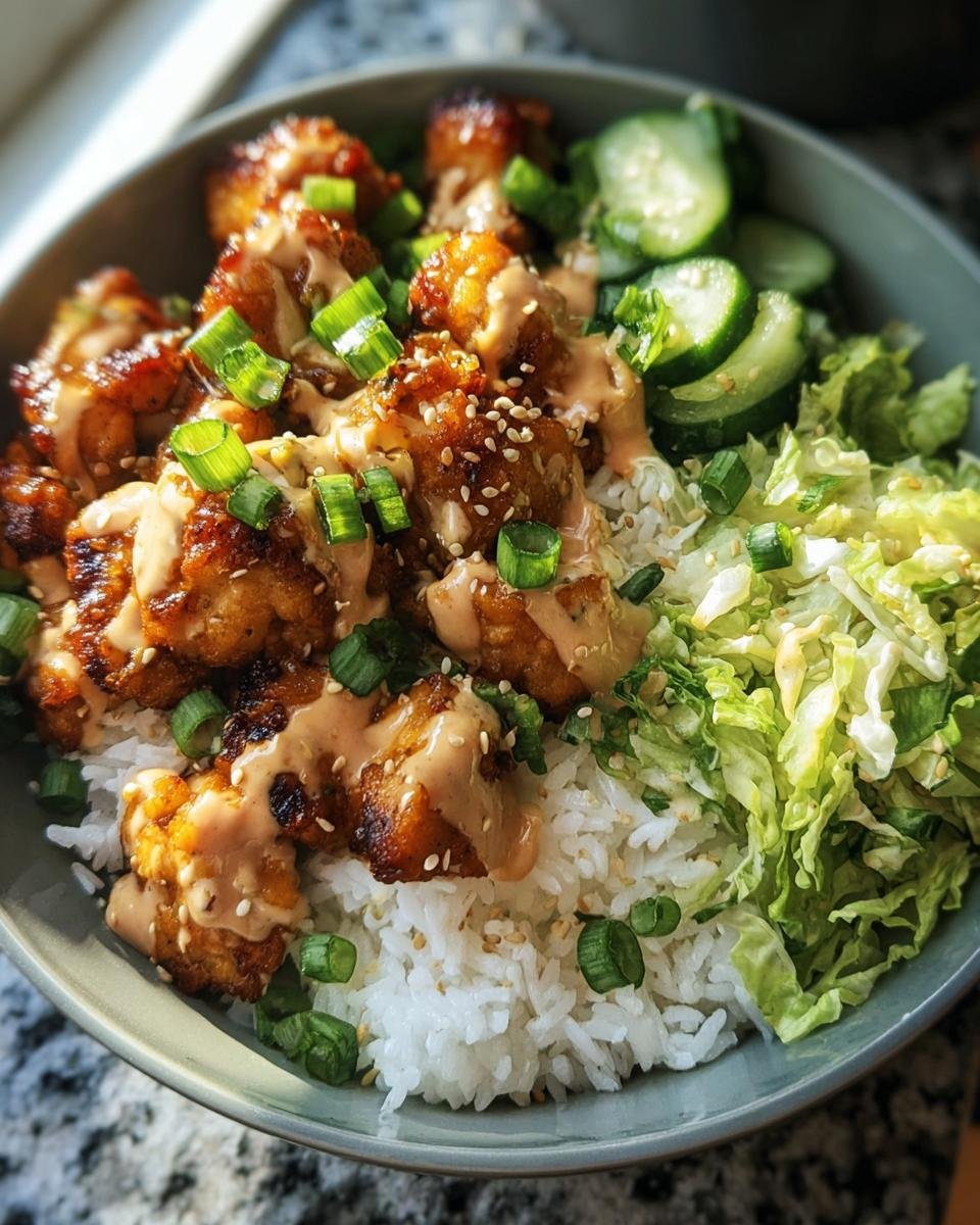 Overhead view of a Bang Bang Chicken Bowl with rice, chicken, sauce, and fresh vegetables.