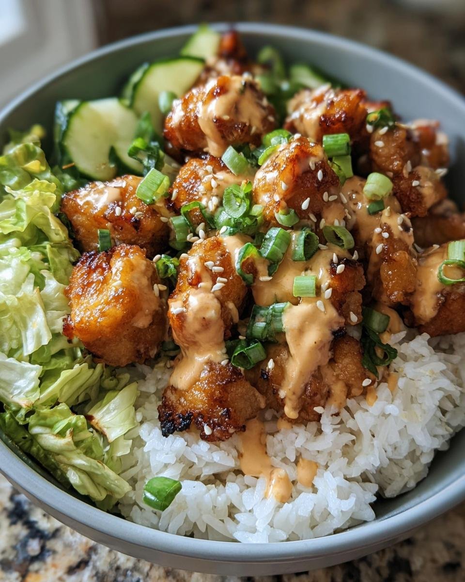 A vibrant Bang Bang Chicken Bowl with crispy chicken, rice, lettuce, cucumbers, and a creamy sauce.