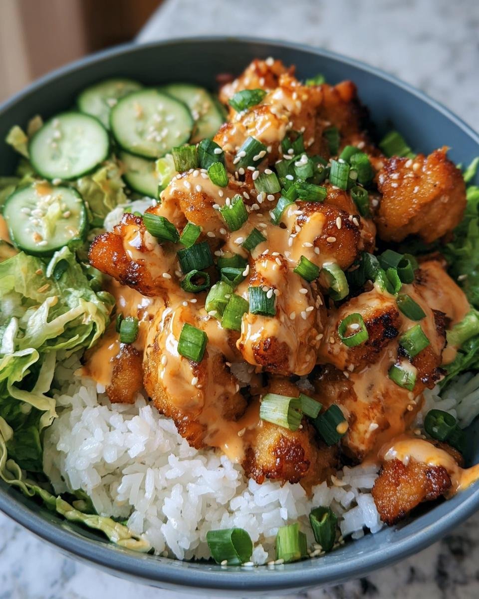 Close-up of a Bang Bang Chicken Bowl with rice, lettuce, cucumbers, and a creamy sauce.