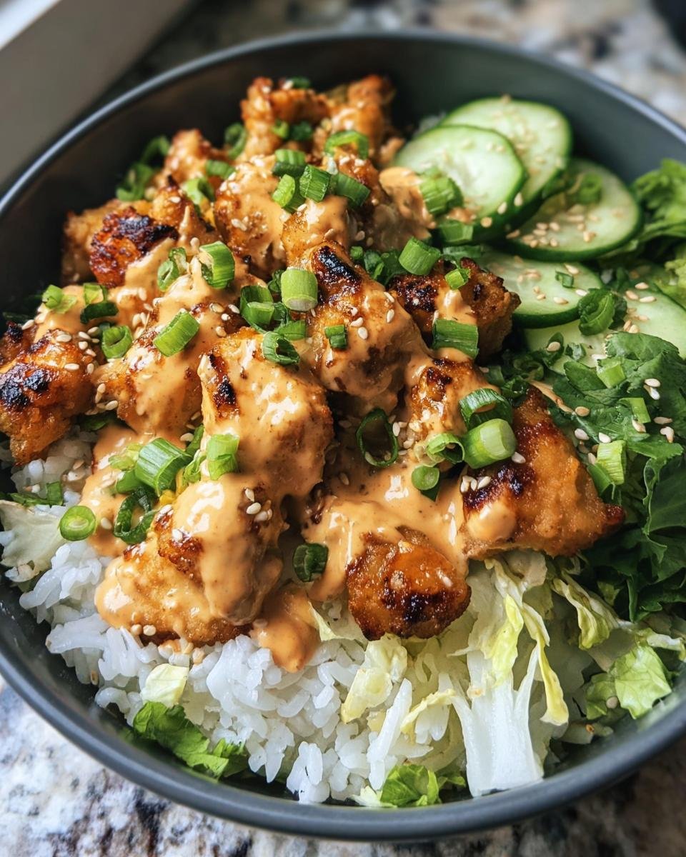 Close-up of a Bang Bang Chicken Bowl with rice, lettuce, cucumbers, chicken, and bang bang sauce.