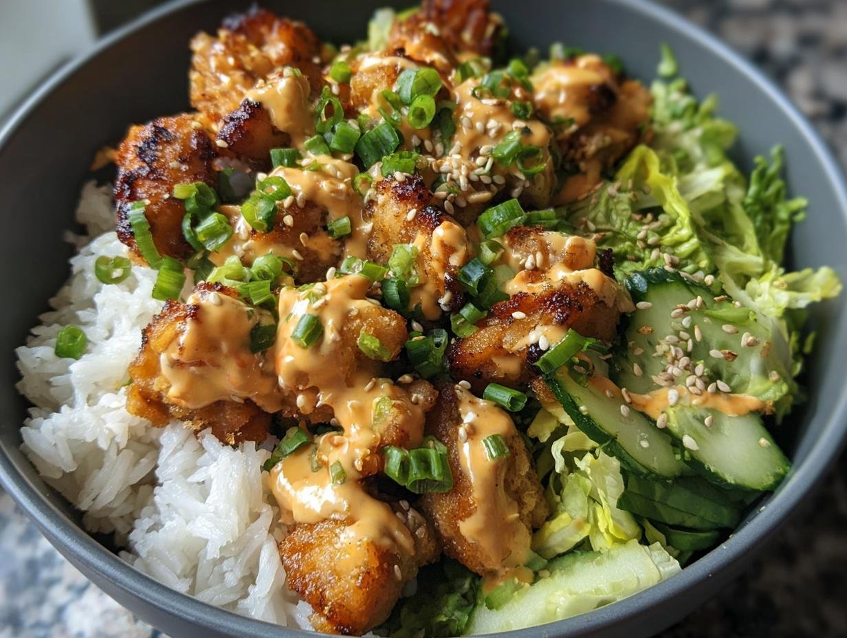 A flavorful Bang Bang Chicken Bowl with crispy chicken, rice, fresh vegetables, and a creamy sauce.