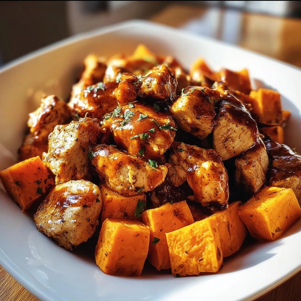 A bowl of BBQ Chicken Sweet Potato, featuring chicken and sweet potatoes coated in BBQ sauce.