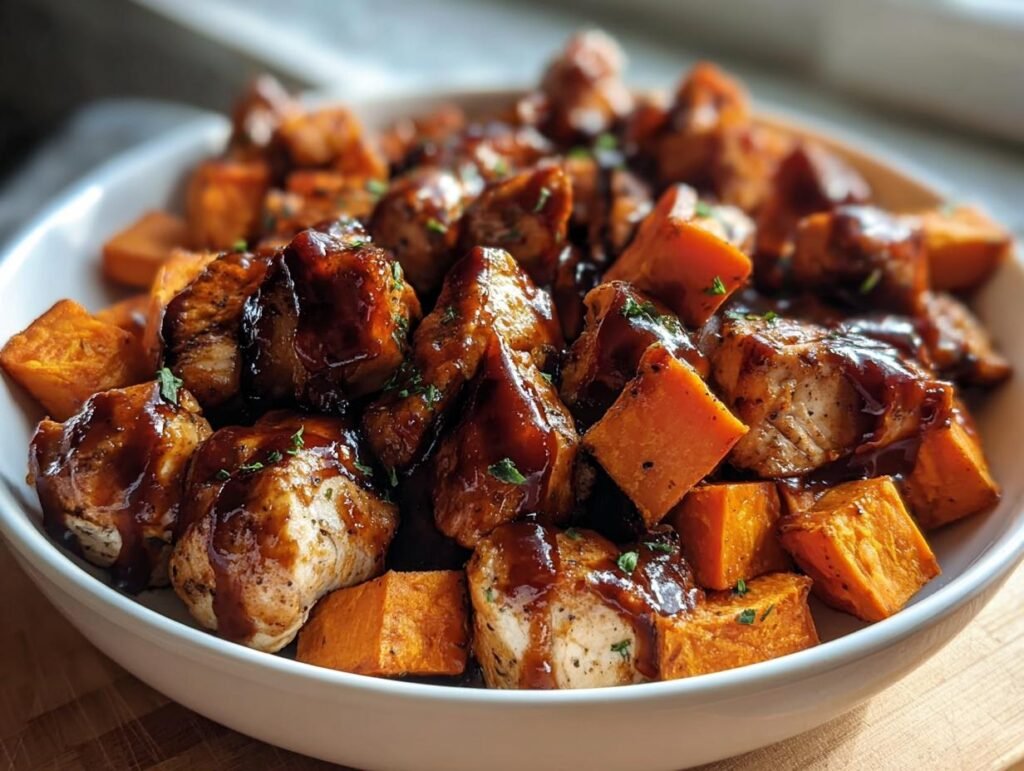 A bowl of BBQ Chicken Sweet Potato chunks drizzled with sauce and garnished with herbs.