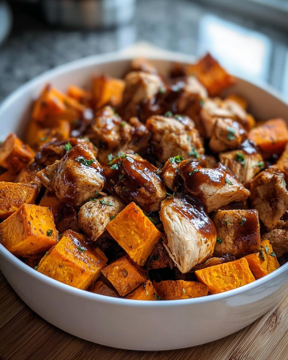 Close-up of BBQ Chicken Sweet Potato in a white bowl, showing the chicken and sweet potato cubes.
