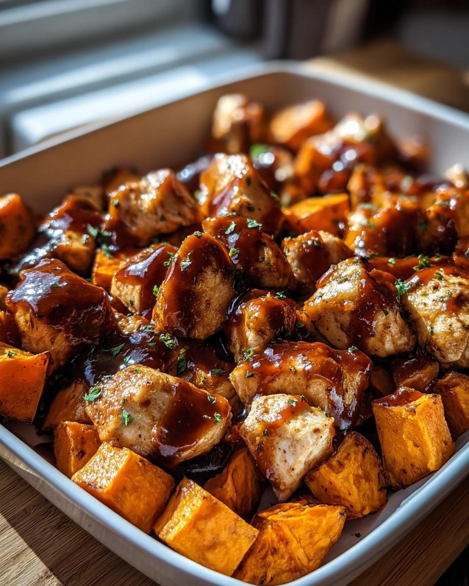 Close-up of BBQ Chicken Sweet Potato in a white pan, glazed with BBQ sauce and garnished with parsley.