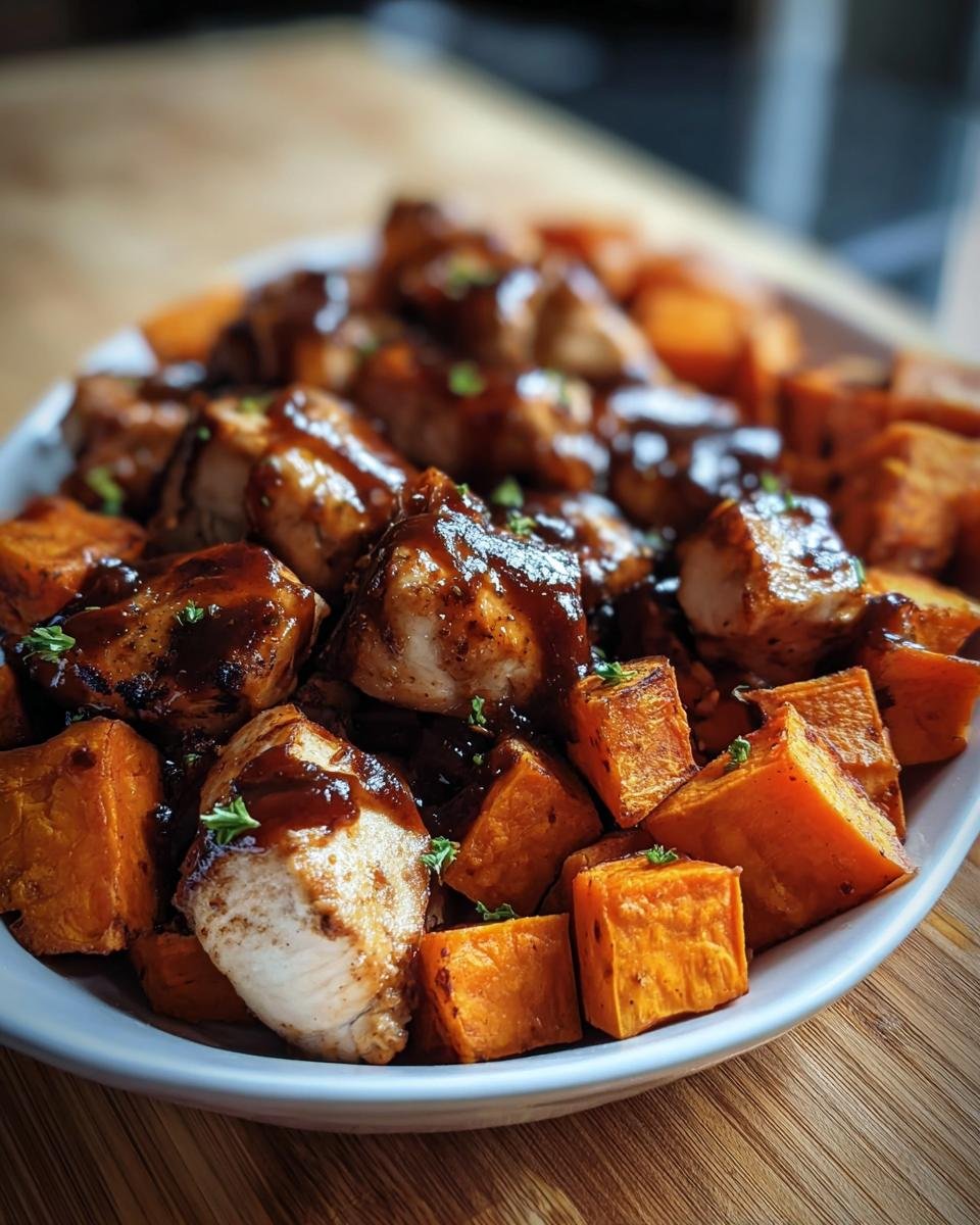 Close-up of BBQ Chicken Sweet Potato dish on a white plate, garnished with herbs.