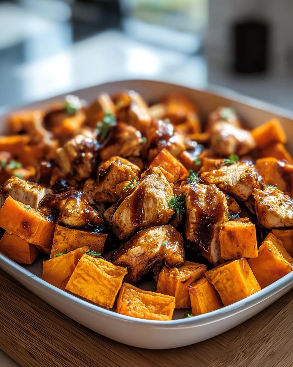 A serving dish filled with BBQ chicken and sweet potato cubes, garnished with herbs.