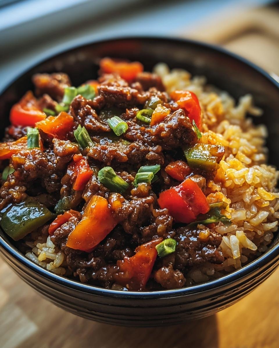 A flavorful Beef and Pepper Rice Bowl, featuring tender beef, colorful peppers, and fluffy rice.