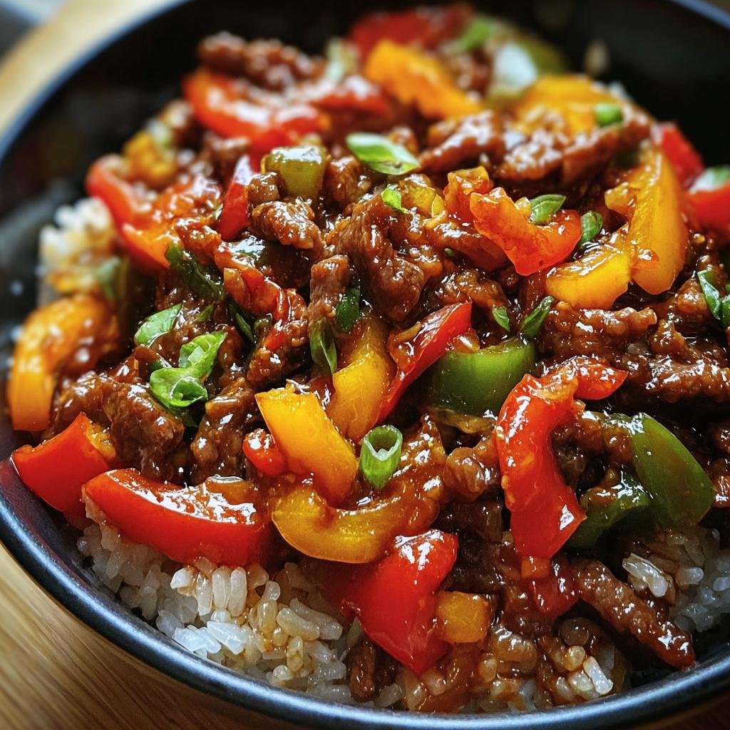 Close-up of a Beef and Pepper Rice Bowl with colorful bell peppers and green onions.