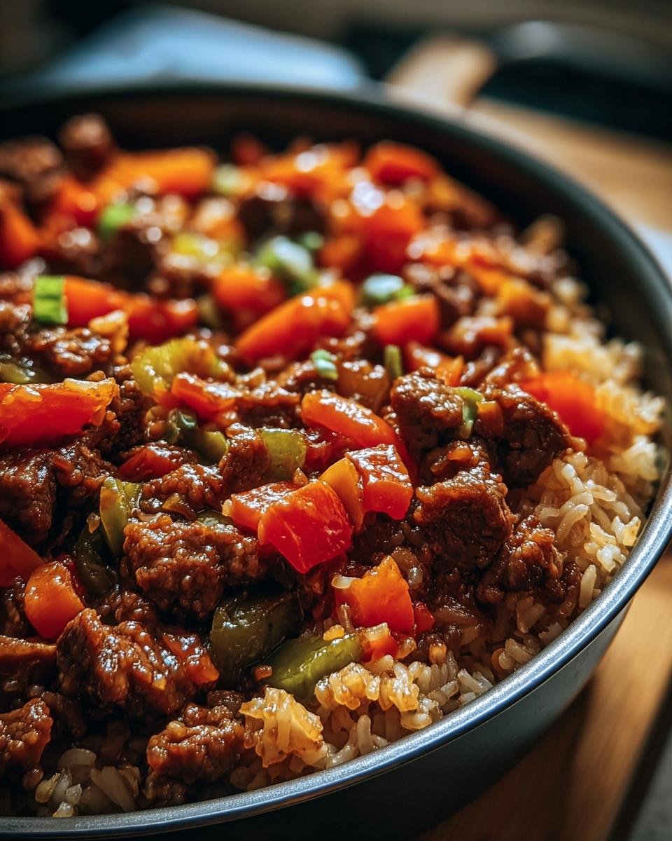 Close-up of a flavorful Beef and Pepper Rice Bowl, showcasing beef, peppers, and rice.
