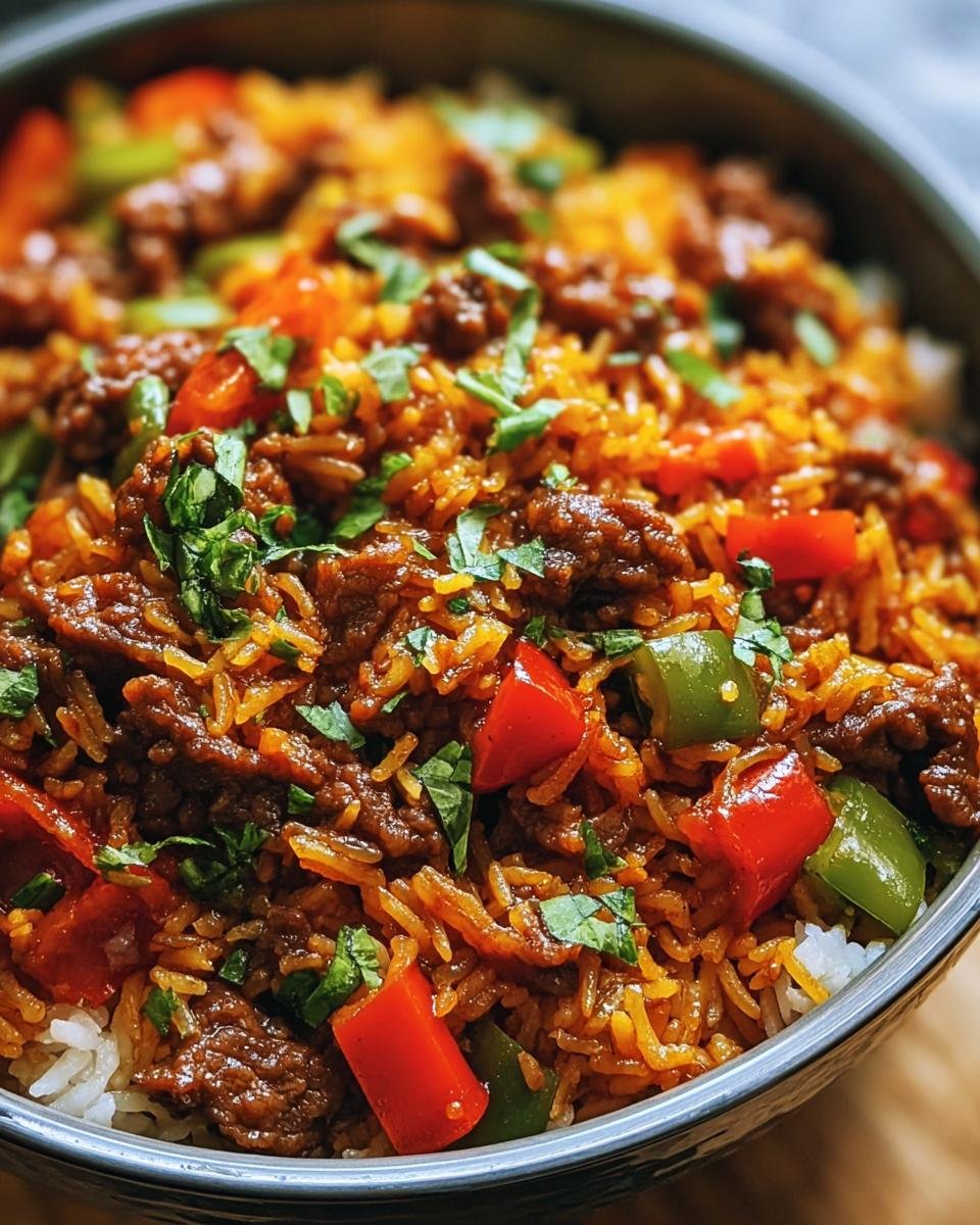 Close-up of a Beef and Pepper Rice Bowl, featuring colorful peppers, seasoned beef, and fresh herbs.
