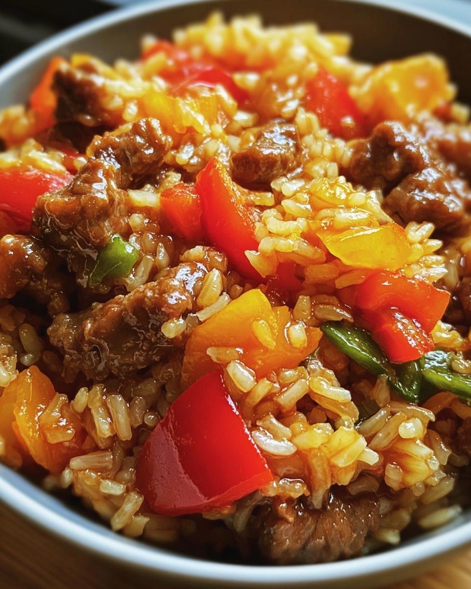 A close-up of a Beef and Pepper Rice Bowl, showcasing the beef, colorful peppers, and rice.