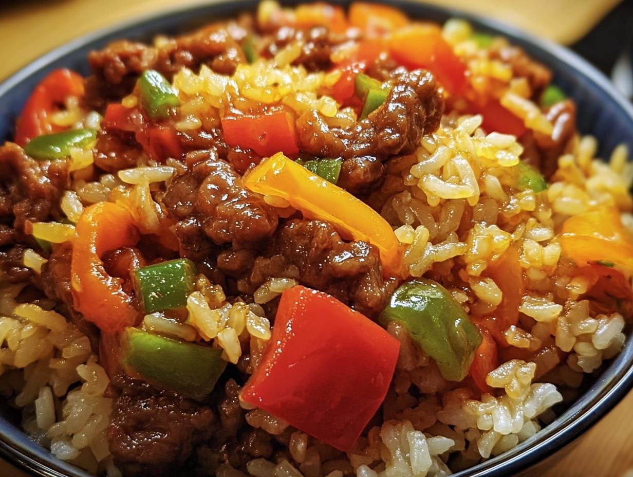 Close-up of a colorful Beef and Pepper Rice Bowl with red, green, and yellow bell peppers.
