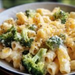 Close-up of a bowl of Broccoli Cheddar Pasta, featuring pasta, broccoli florets, and melted cheddar cheese.