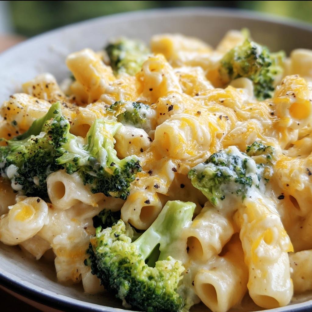 Close-up of a bowl of Broccoli Cheddar Pasta, featuring pasta, broccoli florets, and melted cheddar cheese.