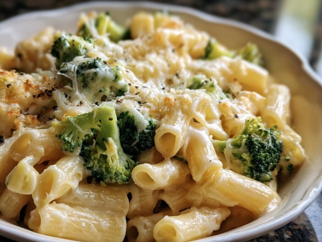 Bowl of Broccoli Cheddar Pasta, featuring rigatoni, broccoli florets, and a creamy cheddar cheese sauce.