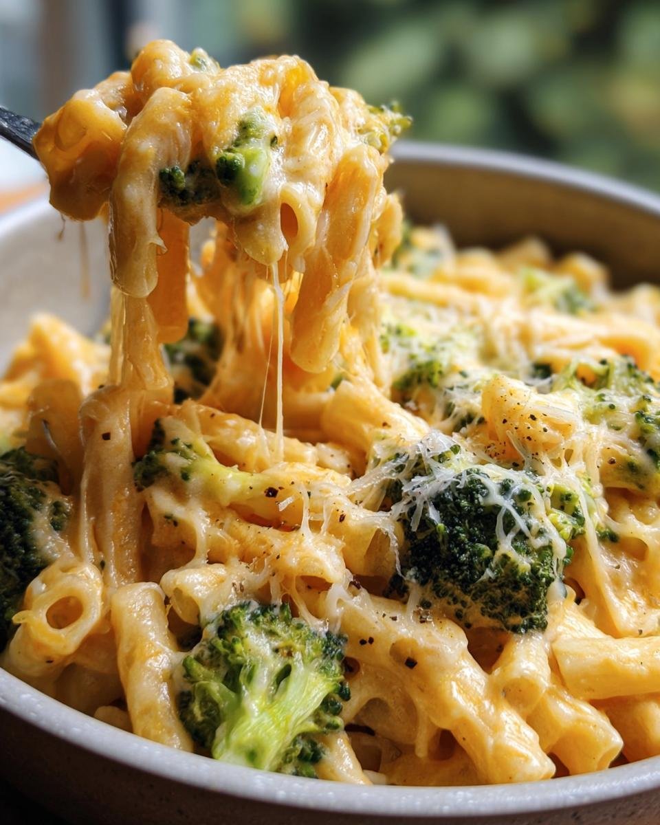 Close-up of Broccoli Cheddar Pasta in a bowl with a fork lifting a cheesy bite.