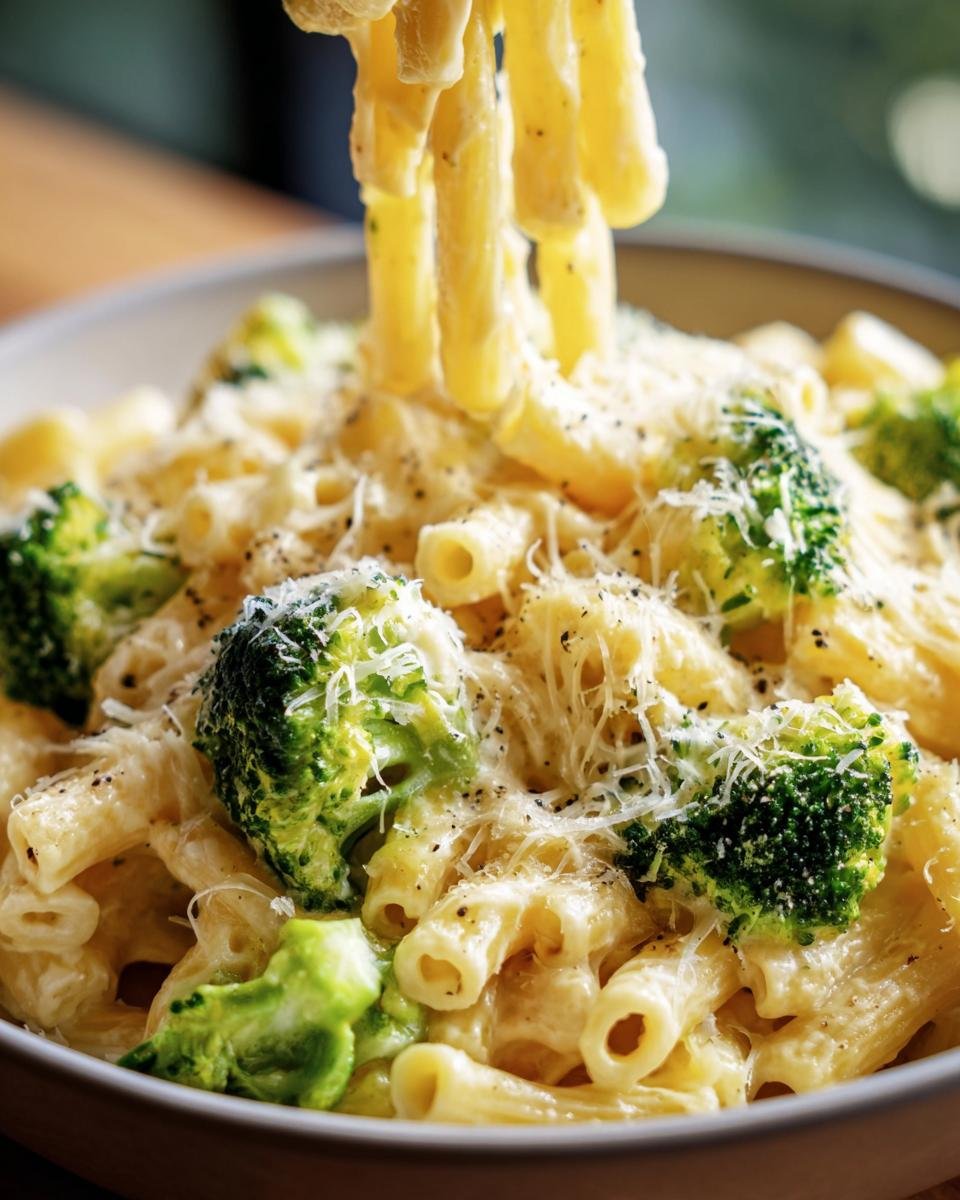 Close-up of a bowl of Broccoli Cheddar Pasta, topped with shredded cheese and black pepper.