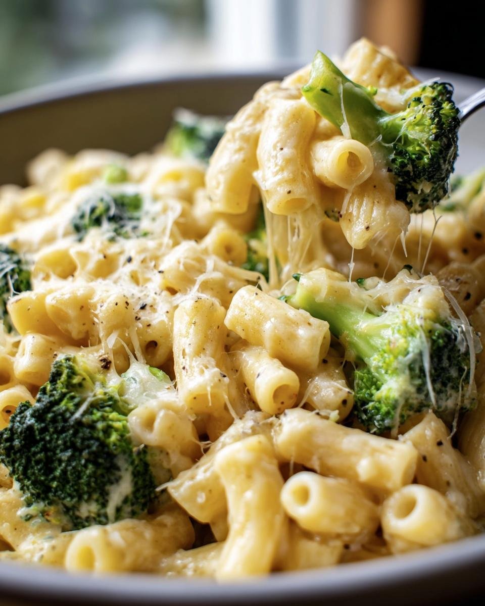 A close-up of creamy Broccoli Cheddar Pasta with rigatoni and melted cheese being lifted with a fork.