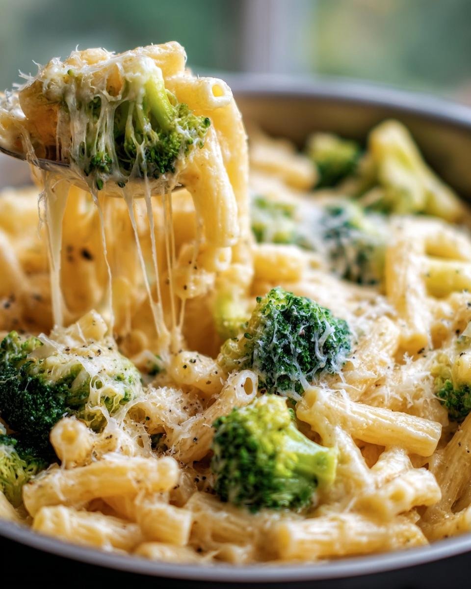 A serving spoon lifts Broccoli Cheddar Pasta with melted cheese. Close-up of the cheesy pasta dish.