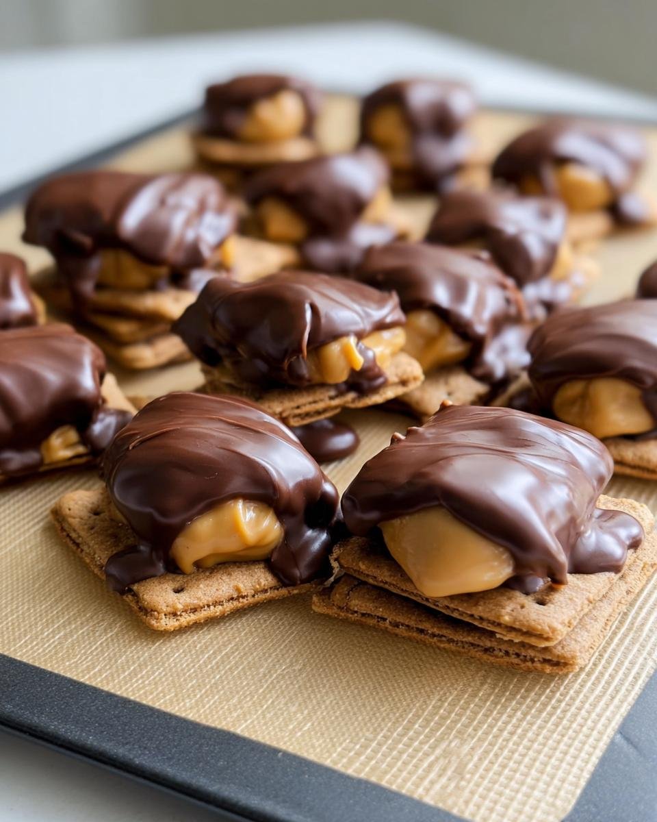 Homemade Buckeye Graham Crackers: graham crackers topped with peanut butter filling and chocolate.