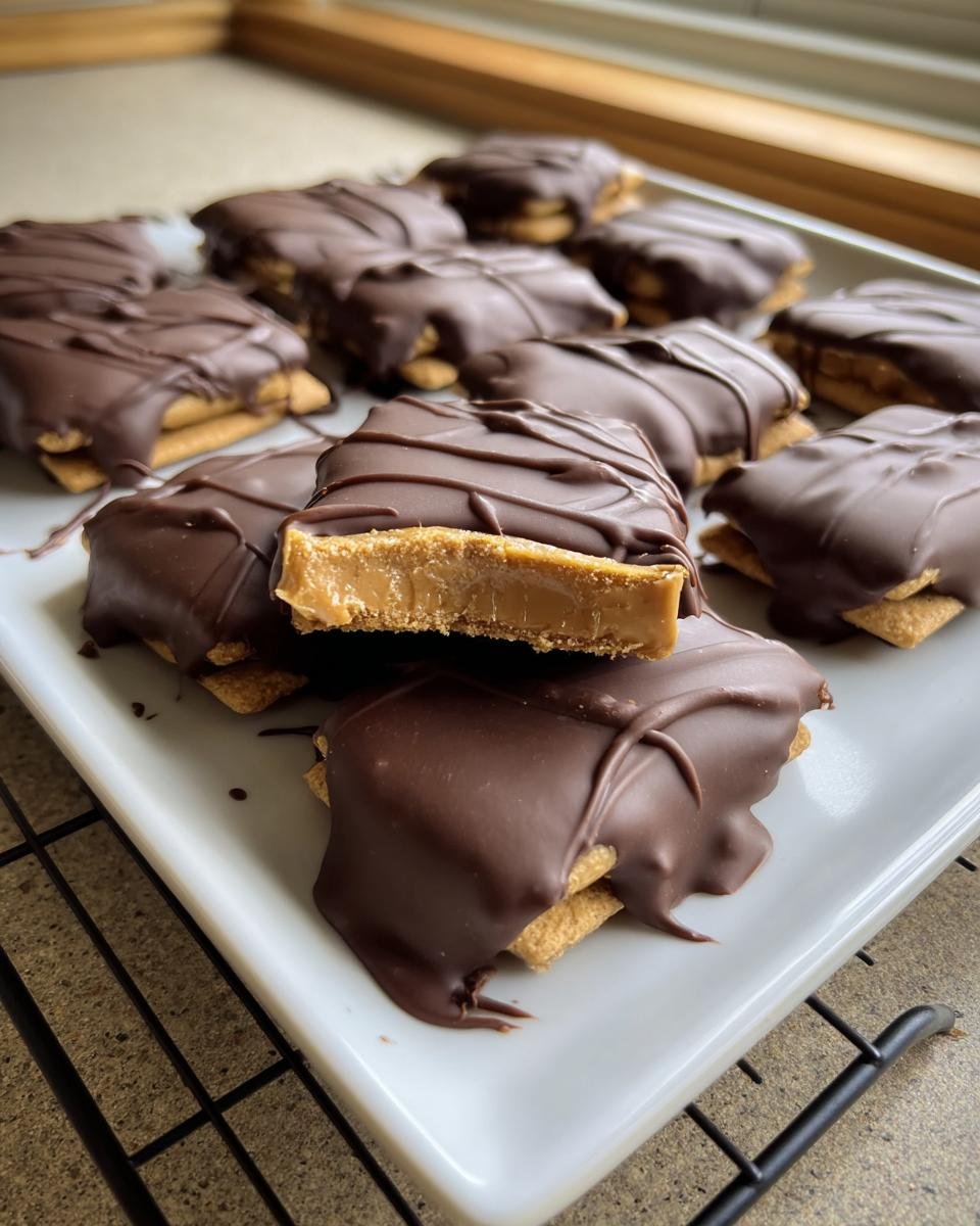 A batch of homemade Buckeye Graham Crackers, featuring peanut butter filling and chocolate coating, served on a white plate.