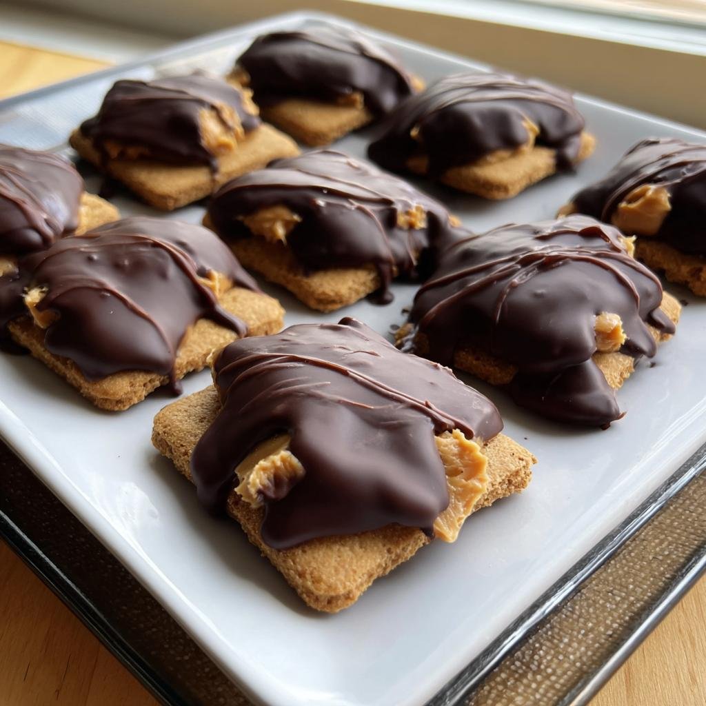 A plate of homemade Buckeye Graham Crackers, featuring peanut butter filling and chocolate topping.
