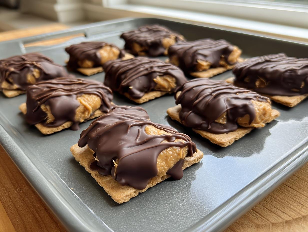 A tray of homemade Buckeye Graham Crackers, featuring peanut butter filling and chocolate drizzle.