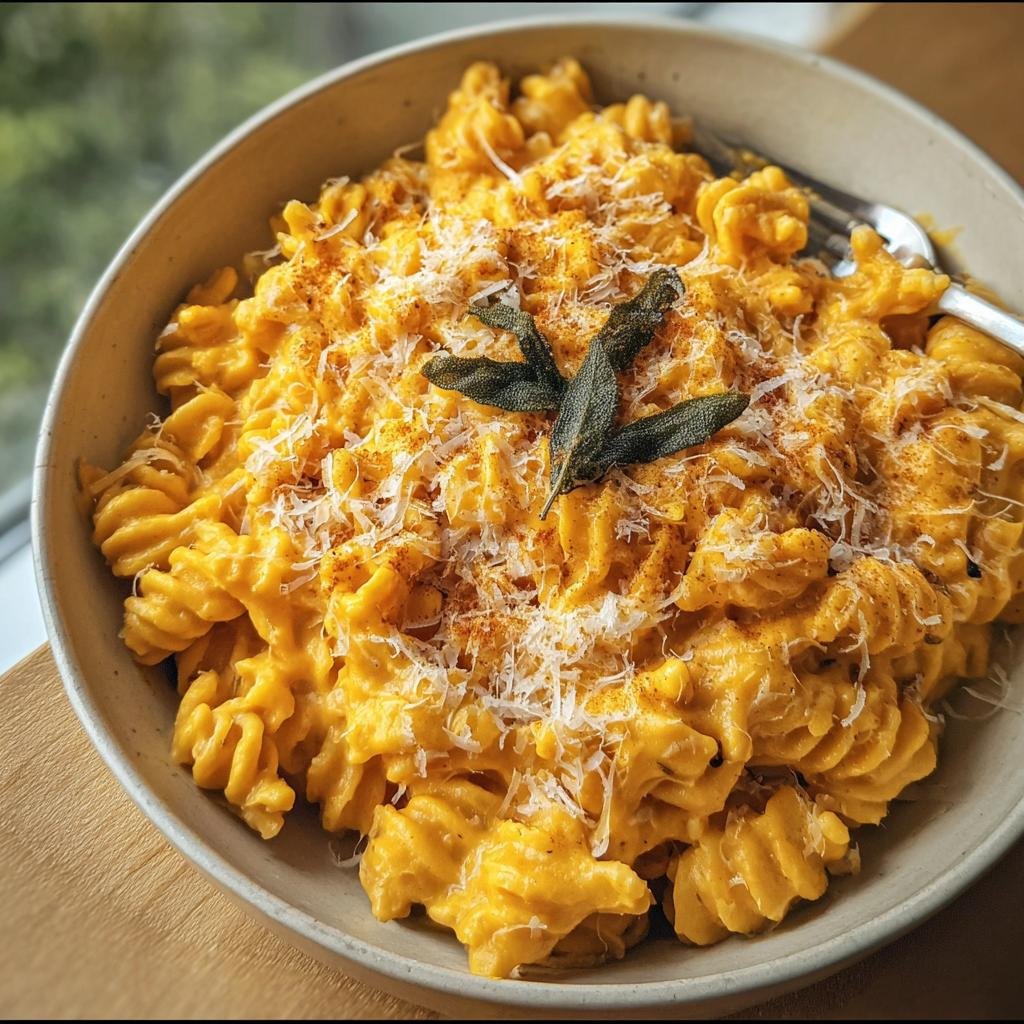 Bowl of pasta coated in a creamy butternut squash pasta sauce, topped with cheese, paprika, and sage.