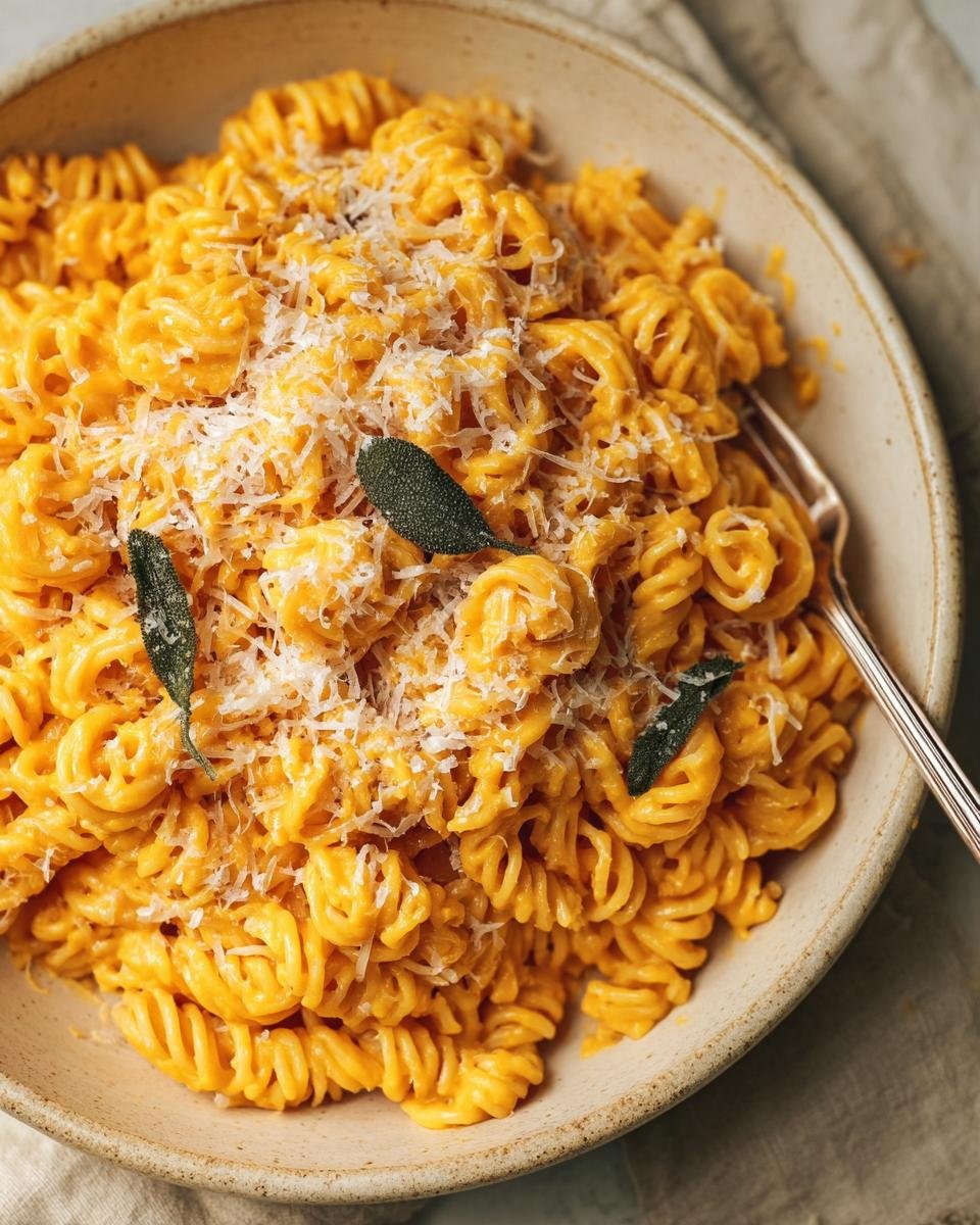 Bowl of rotini pasta coated in butternut squash pasta sauce, topped with parmesan and sage.