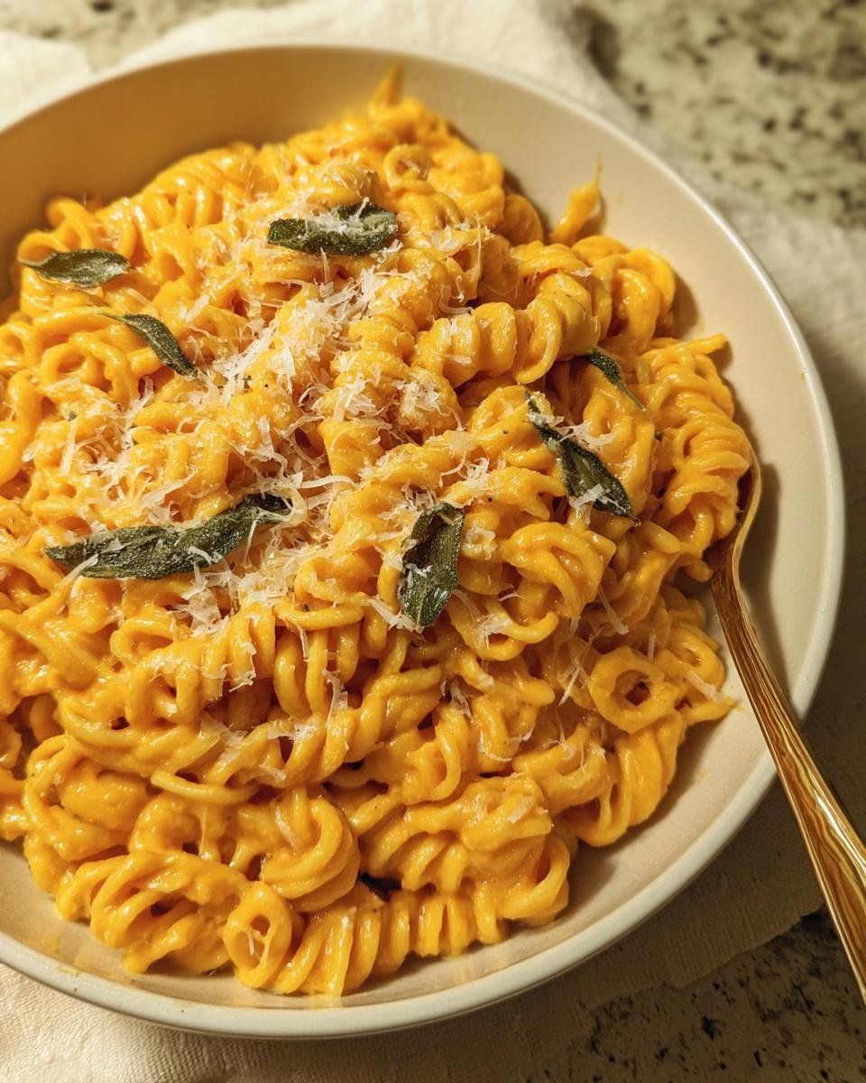A bowl of rotini pasta coated in creamy butternut squash pasta sauce, garnished with sage and parmesan.