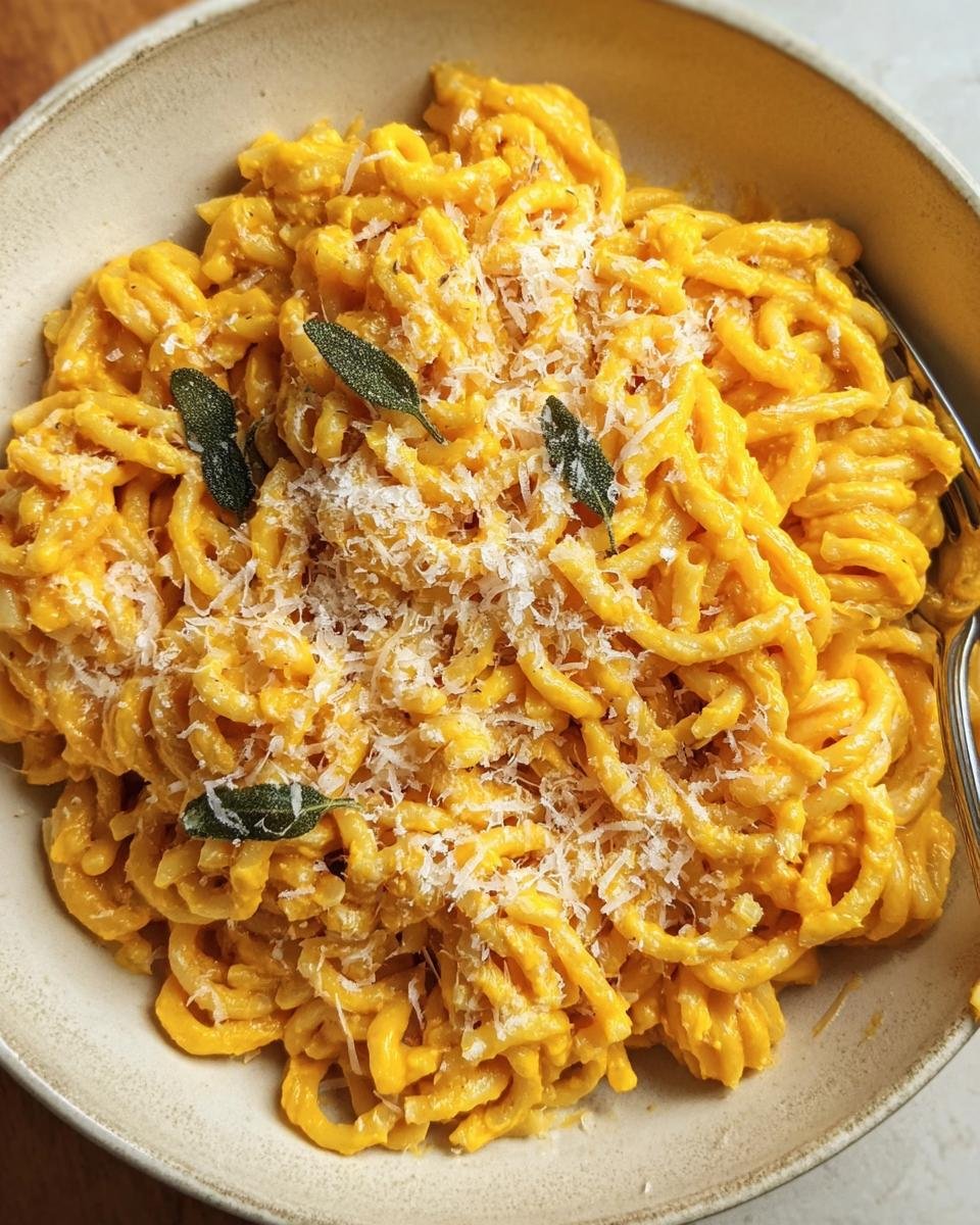 Close-up of pasta coated in a creamy Butternut Squash Pasta Sauce, topped with grated cheese and sage leaves.