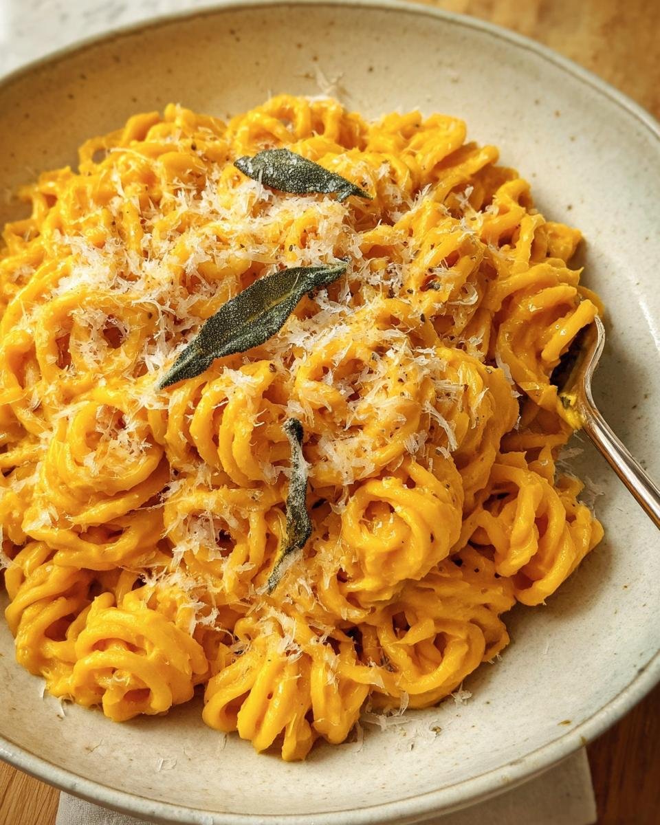 A bowl of pasta coated in creamy Butternut Squash Pasta Sauce, topped with sage and parmesan.