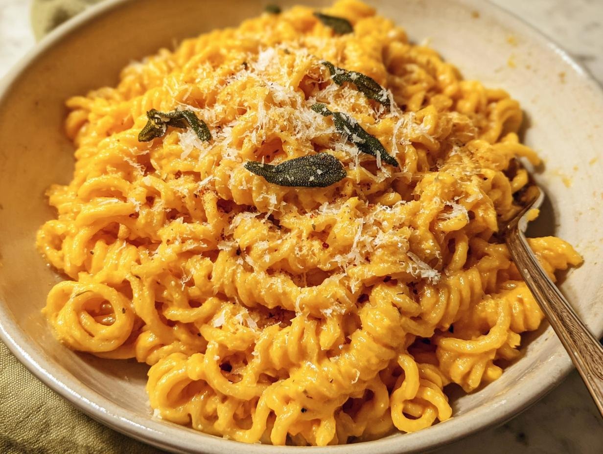 Bowl of pasta coated in a creamy butternut squash pasta sauce, topped with sage and parmesan cheese.