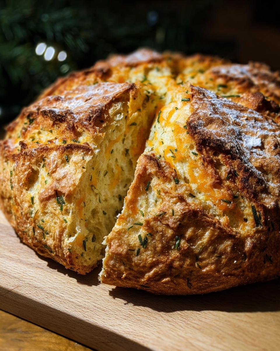 A loaf of Cheddar and Herb Soda Bread with a slice cut out, showing the cheesy, herby interior.