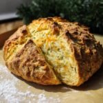 Close-up of a loaf of Cheddar and Herb Soda Bread, showing the golden crust and visible cheddar and herbs.
