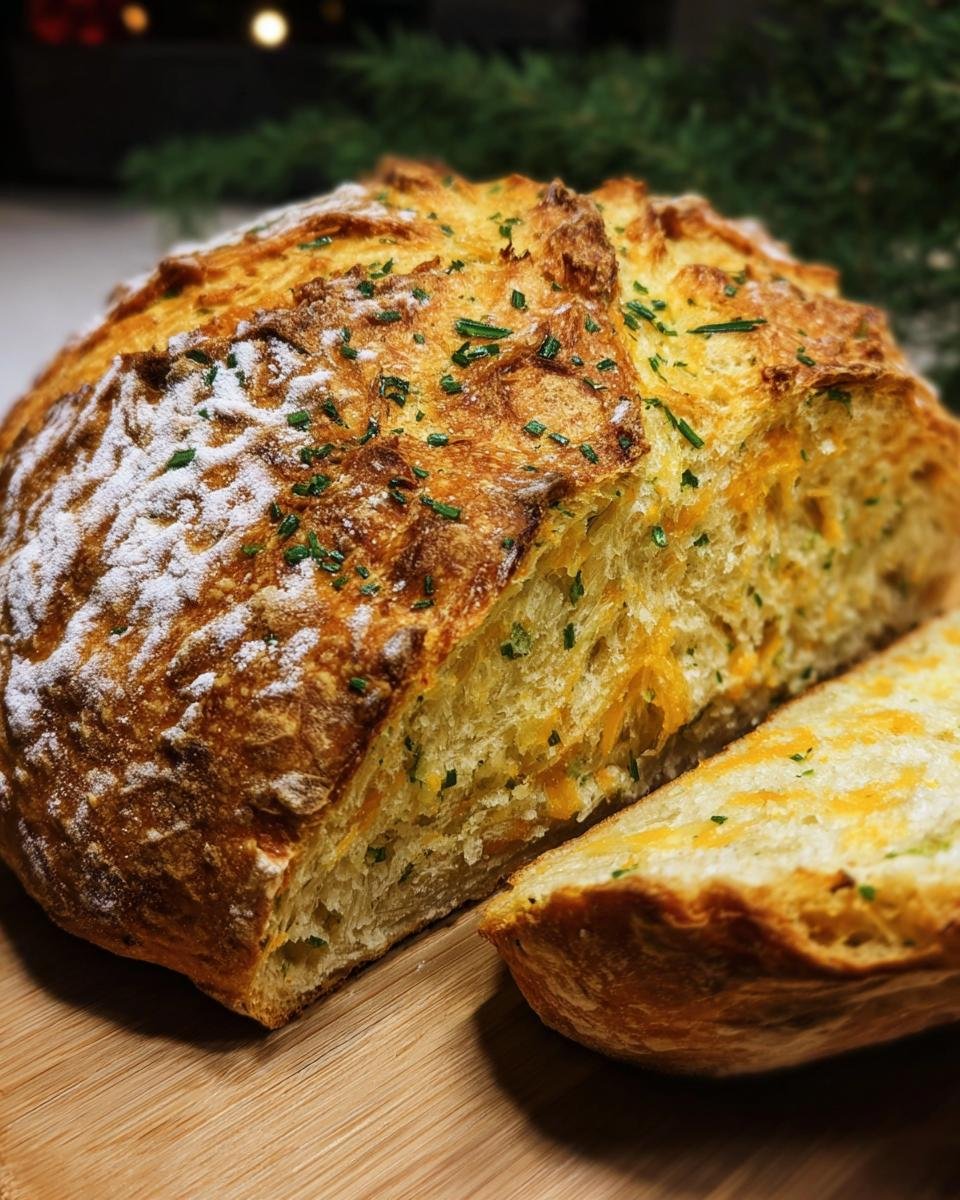 Close-up of a loaf of Cheddar and Herb Soda Bread with a slice cut, showing the cheesy, herby interior.
