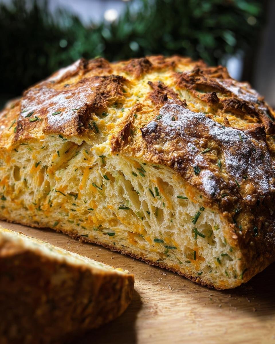 Close-up of sliced Cheddar and Herb Soda Bread, showing the texture and ingredients.